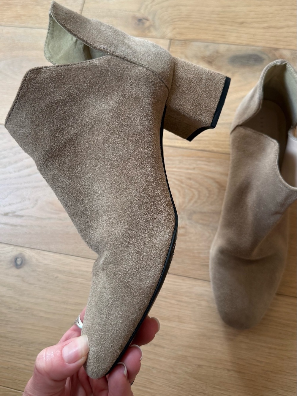 ZARA Taupe Suede Block Heel Ankle Booties - Women's Stylish Slip-On